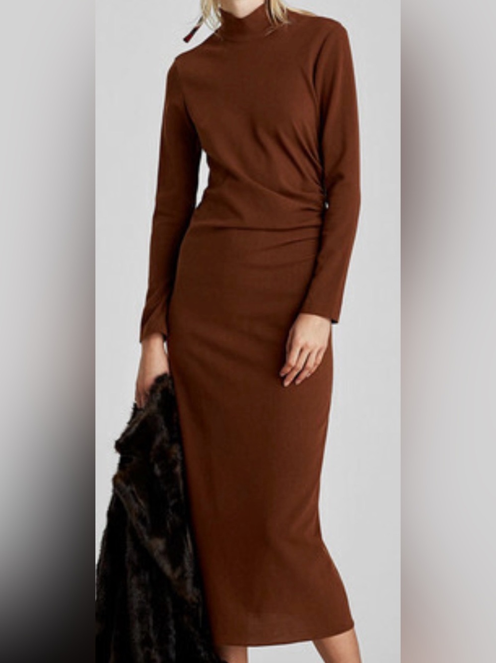 Zara Elegant Long-Sleeve Ruched Maxi Dress - Dark Brown